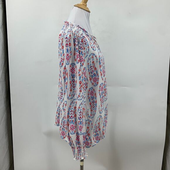 Talbots Blouse Womens M Medium White Blue Shirred Notch Floral Peasant Paisley - Picture 5 of 14